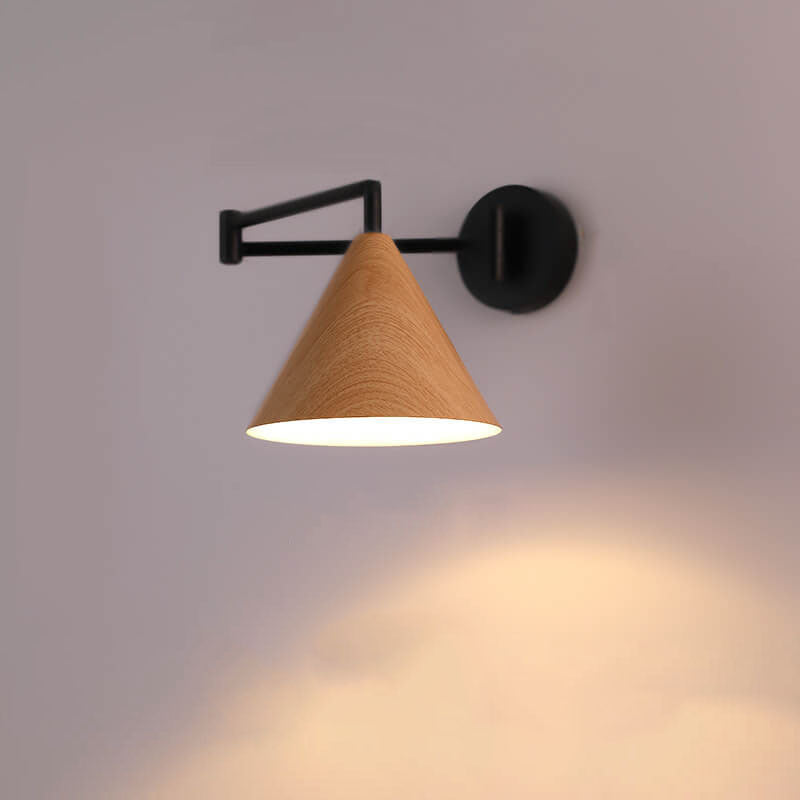 Nordic Minimalist Cone Swing Arm Wall Sconce Lamp - Wood Grain Iron Finish, 1-Light