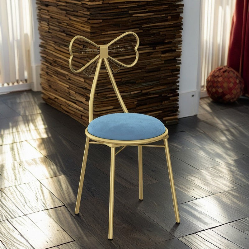 Contemporary Bow-Shape Velvet Upholstered Round Vanity Stool with Backrest - PU Leather & Metal Frame for Bedroom