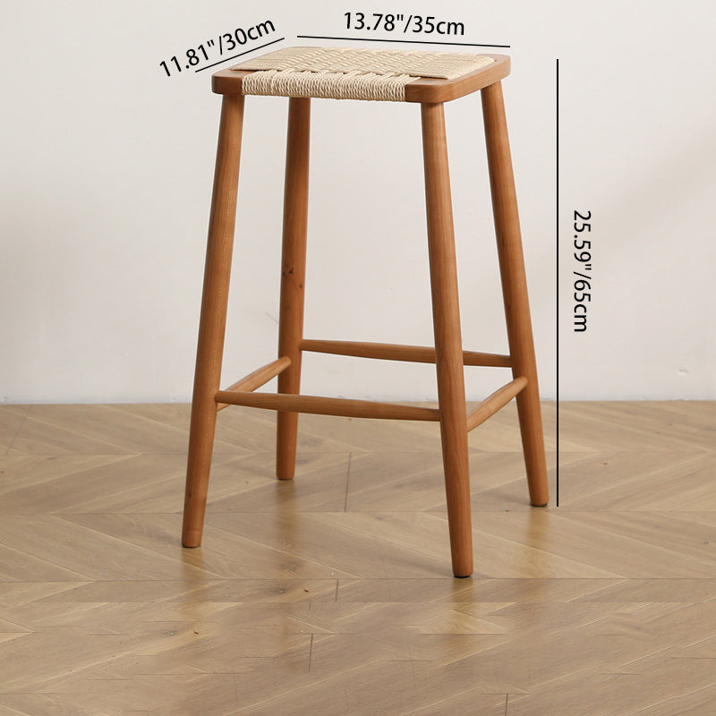 Elegant Traditional Japanese Rectangular Rope-Woven Wooden Bar Stool for the Dining Room