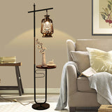 European Vintage Simple Lantern Floor Lamp with Marble Tabletop - Iron & Wood, 1-Light