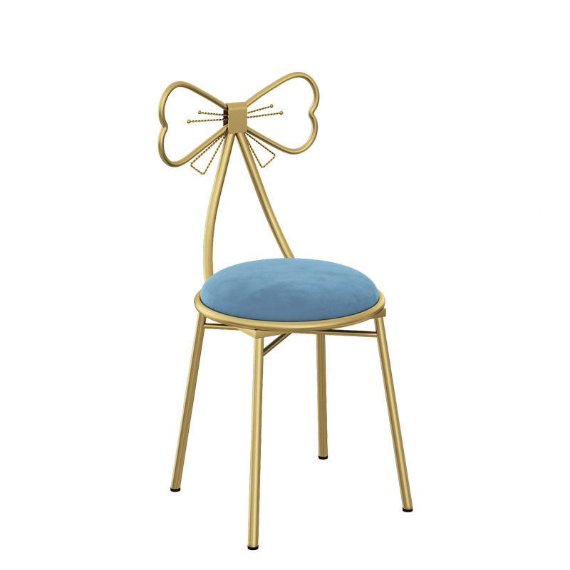 Contemporary Bow-Shape Velvet Upholstered Round Vanity Stool with Backrest - PU Leather & Metal Frame for Bedroom