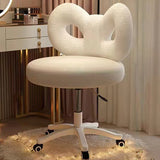 Modern Art Deco Butterfly Knot Vanity Stool – Round Lambswool and Faux Leather Seat, Metal Frame, Backrest, Armless, for Bedroom