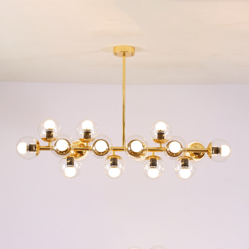 Contemporary Scandinavian Long Round Globe Iron & Glass 16-Light Island Pendant Chandelier for Dining Room
