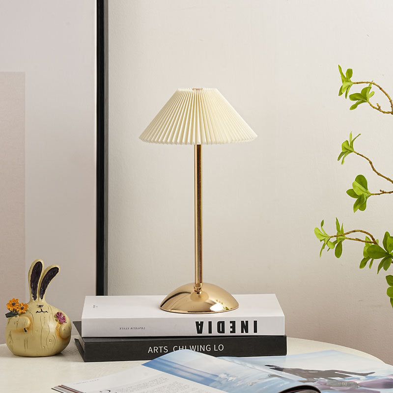Modern Scandinavian Rechargeable Table Lamp – Iron Frame, Pleated Conical Fabric Shade, 1-Light, Perfect for Bedside