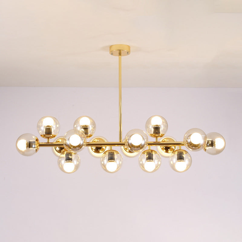 Contemporary Scandinavian Long Round Globe Iron & Glass 16-Light Island Pendant Chandelier for Dining Room