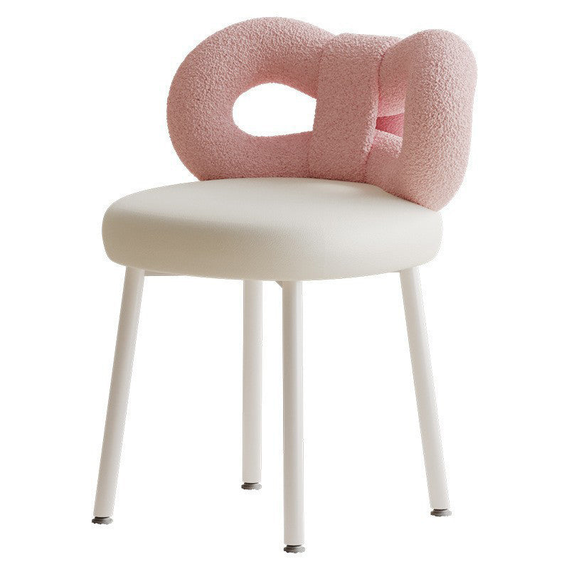 Modern Art Deco Butterfly Knot Vanity Stool – Round Lambswool and Faux Leather Seat, Metal Frame, Backrest, Armless, for Bedroom