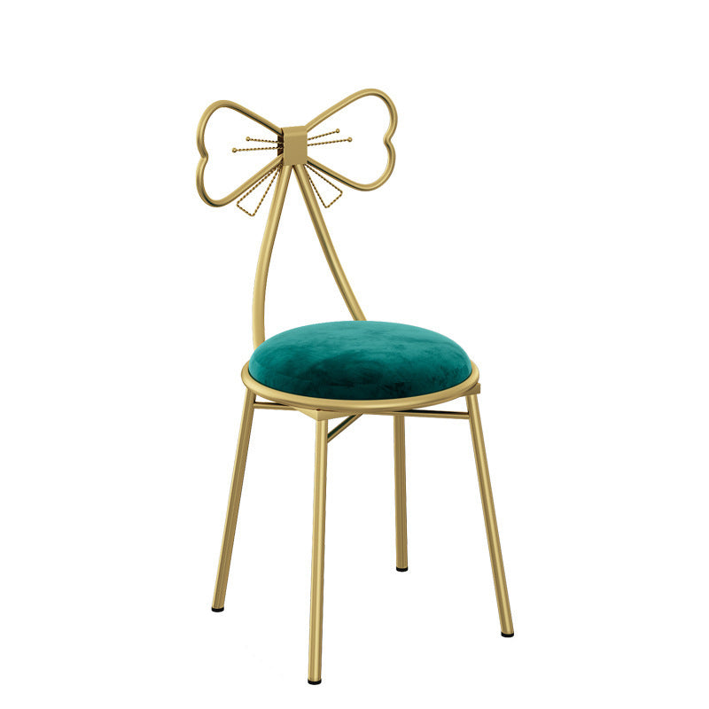 Contemporary Bow-Shape Velvet Upholstered Round Vanity Stool with Backrest - PU Leather & Metal Frame for Bedroom