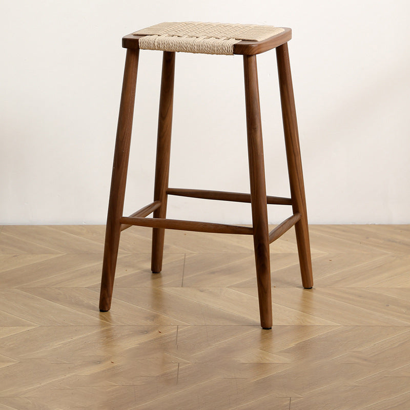 Elegant Traditional Japanese Rectangular Rope-Woven Wooden Bar Stool for the Dining Room