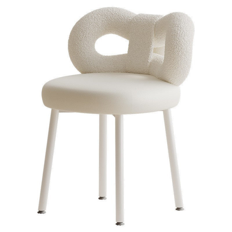 Modern Art Deco Butterfly Knot Vanity Stool – Round Lambswool and Faux Leather Seat, Metal Frame, Backrest, Armless, for Bedroom