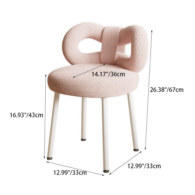 Modern Art Deco Butterfly Knot Vanity Stool – Round Lambswool and Faux Leather Seat, Metal Frame, Backrest, Armless, for Bedroom