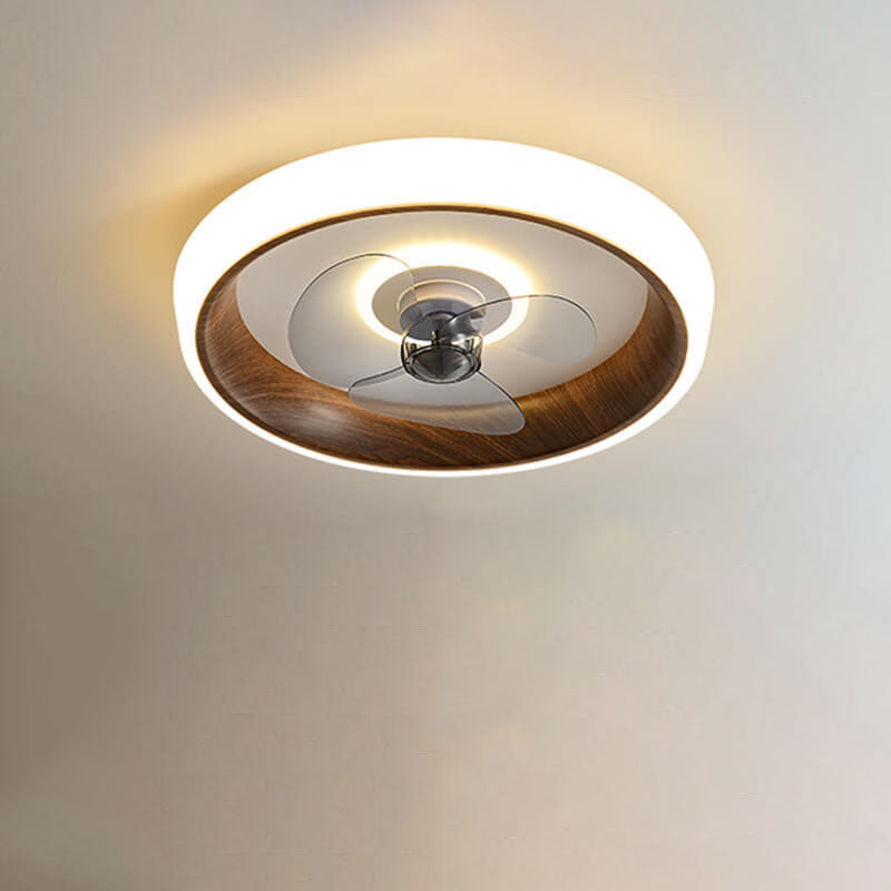 Nordic Minimalist Round LED Flush-Mount Ceiling Fan Light with Wood-Grain Acrylic Finish