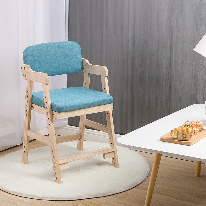 Modern Minimalist Adjustable Kids Chair in Solid Pine Wood with Cotton-Linen Upholstery and Foam Cushion for Bedroom