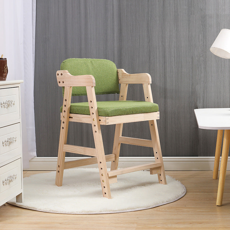 Modern Minimalist Adjustable Kids Chair in Solid Pine Wood with Cotton-Linen Upholstery and Foam Cushion for Bedroom