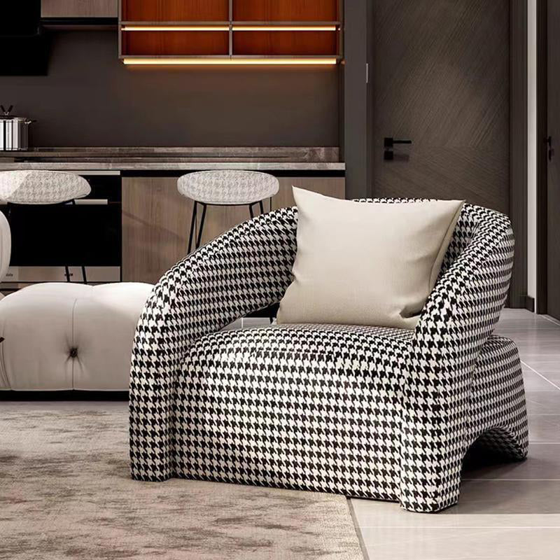 Luxurious Modern Curved Square Leather and Lambswool Fabric Wood Accent Chair with Backrest and Armrests for Living Room