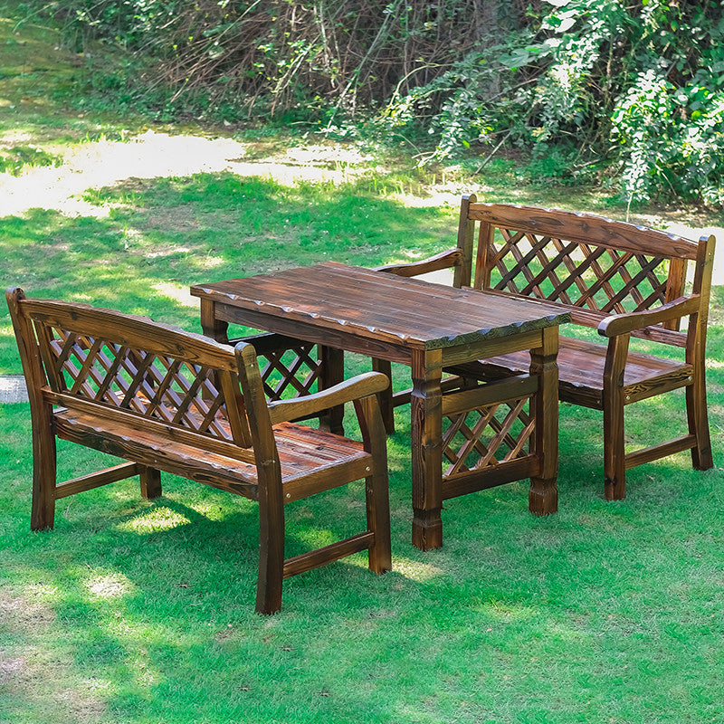 Contemporary Retro Fir Rectangular Outdoor Coffee Table & Chair Set with Lattice Design for Patio
