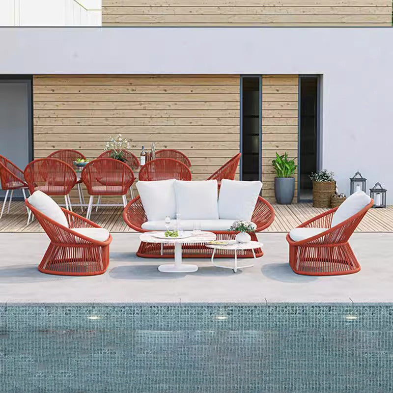 Contemporary Boho Waterproof Woven Rattan Rope Outdoor Coffee Table & Chair Set with Aluminum Alloy Slab – Round and Elliptical Patio Furniture