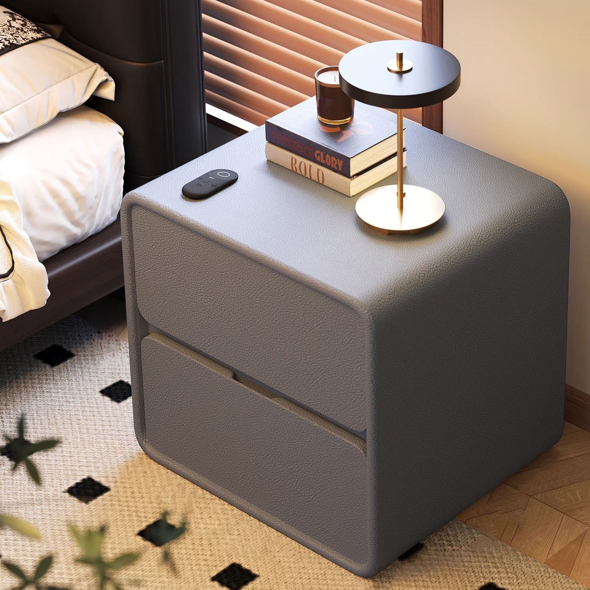 Modern Minimalist Rectangular Nightstand with 2 Drawers - MDF with Cat-Scratch-Resistant Leather Surface and Solid Wood Accents for Bedroom