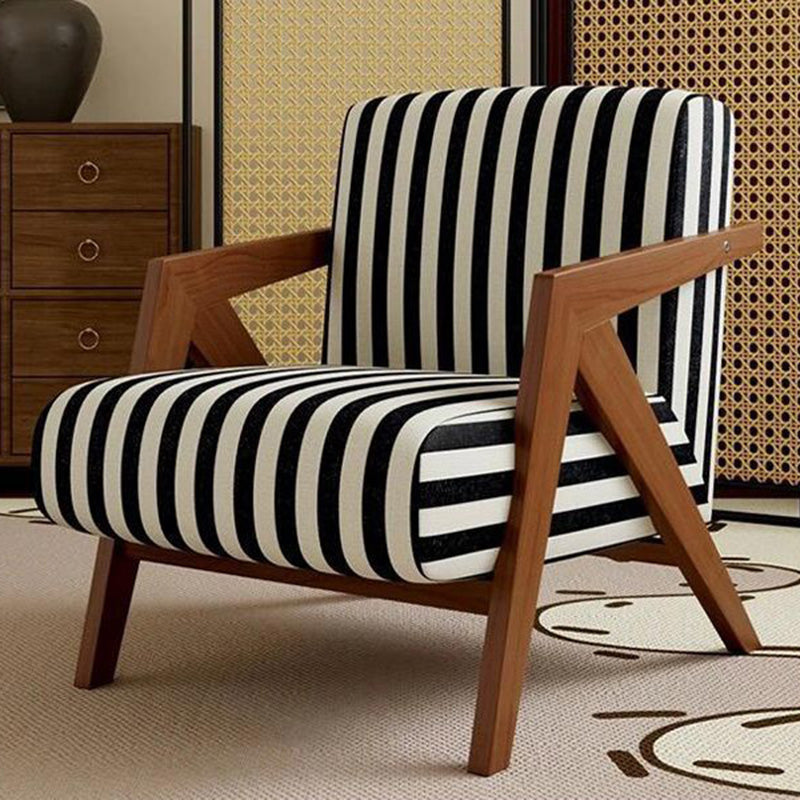 Traditional French-Style Rectangular Accent Chair in Cotton-Linen Fabric with Solid Wood Frame, Backrest and Armrests for Living Room