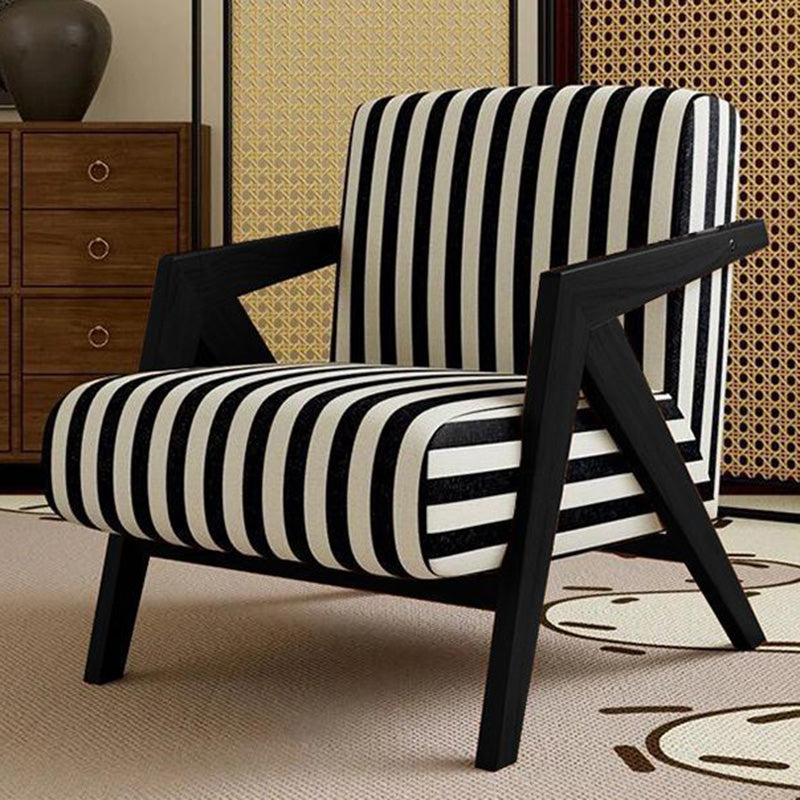 Traditional French-Style Rectangular Accent Chair in Cotton-Linen Fabric with Solid Wood Frame, Backrest and Armrests for Living Room