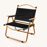 Modern Minimalist Outdoor Folding Chair — Carbon Steel Frame, Square Fabric Seat, Beech Wood Backrest and Armrests