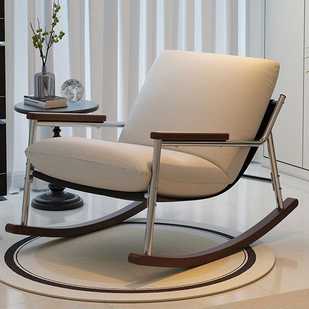 Modern Scandinavian Rocking Chair with Silver-Plated Iron Frame, Corduroy Upholstery, PP Cotton Cushions, and Solid Rubberwood — Ideal for Living Room