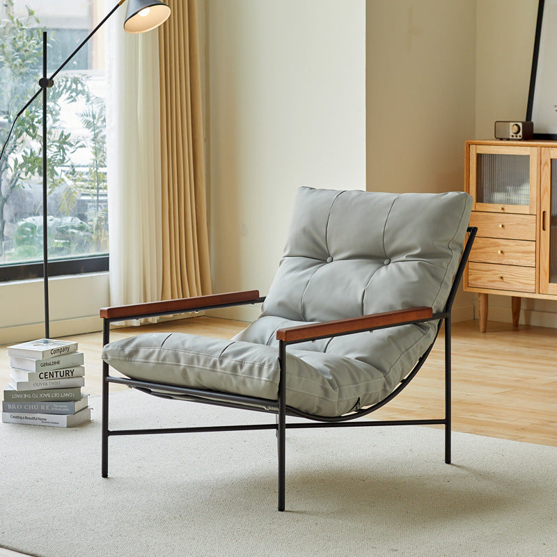 Modern Mid-Century Rectangular PU Leather Recliner Chair with Carbon Steel Frame, Rubberwood & Solid Wood Accents, PP Cotton Backrest for Living Room