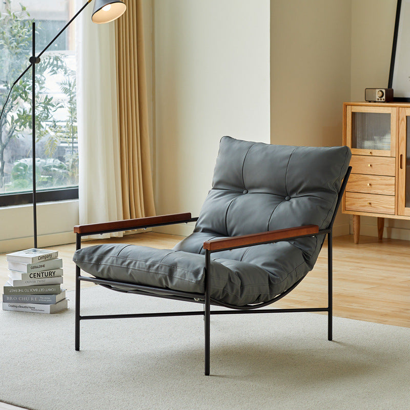 Modern Mid-Century Rectangular PU Leather Recliner Chair with Carbon Steel Frame, Rubberwood & Solid Wood Accents, PP Cotton Backrest for Living Room