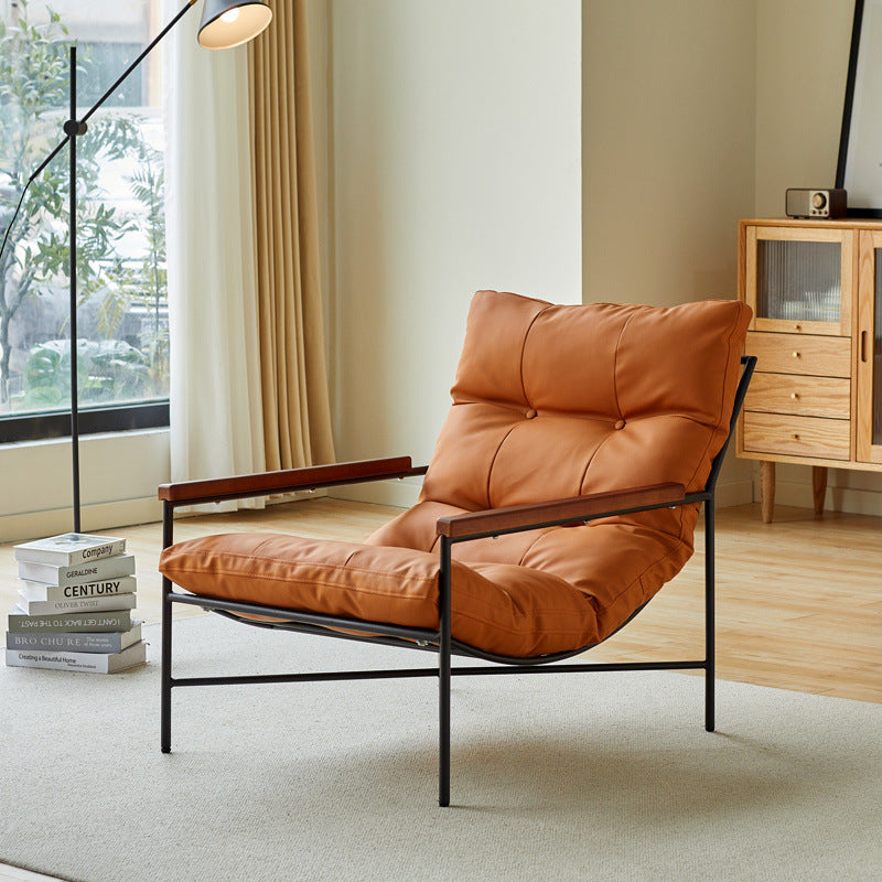 Modern Mid-Century Rectangular PU Leather Recliner Chair with Carbon Steel Frame, Rubberwood & Solid Wood Accents, PP Cotton Backrest for Living Room