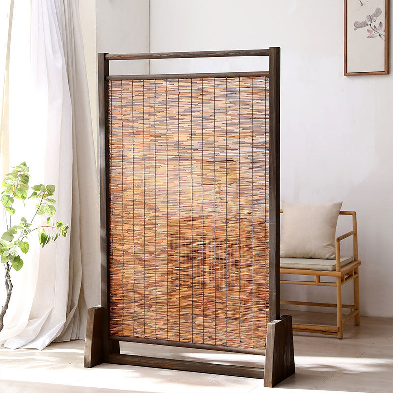 Traditional Chinese Rectangular Reed Room Divider in Solid Pine Wood for Living Room