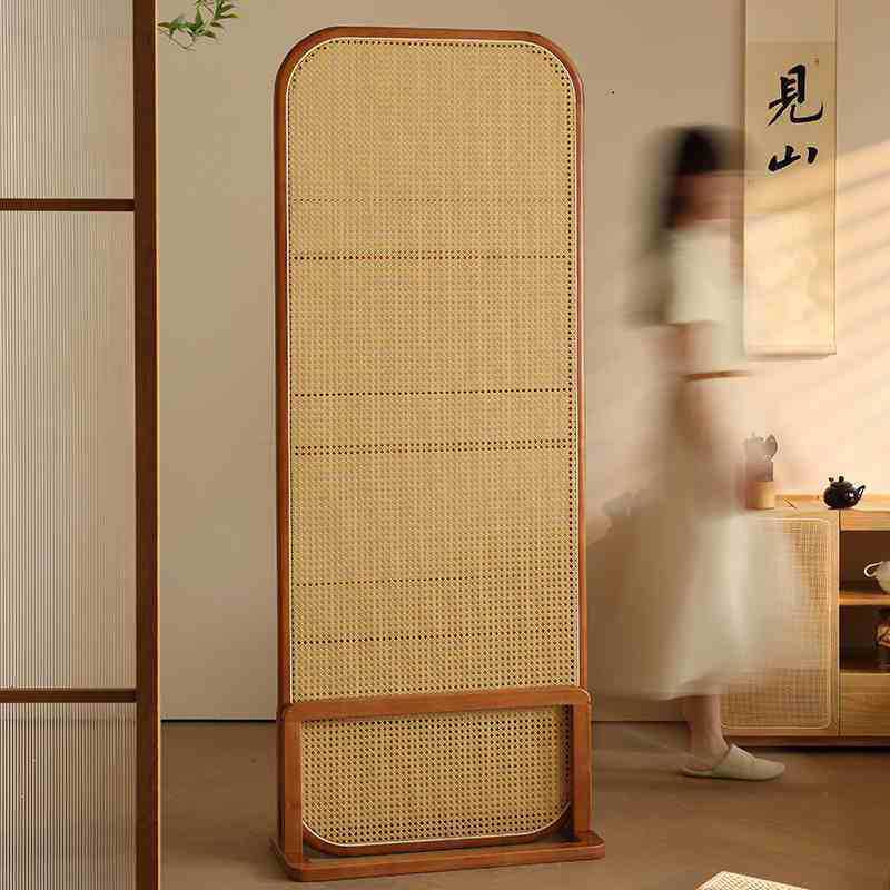 Traditional Chinese-Style Rubberwood Solid Wood Room Divider with PE Rattan Accents and 3-Tier Storage Shelf for Living Room