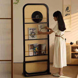 Traditional Chinese-Style Rubberwood Solid Wood Room Divider with PE Rattan Accents and 3-Tier Storage Shelf for Living Room