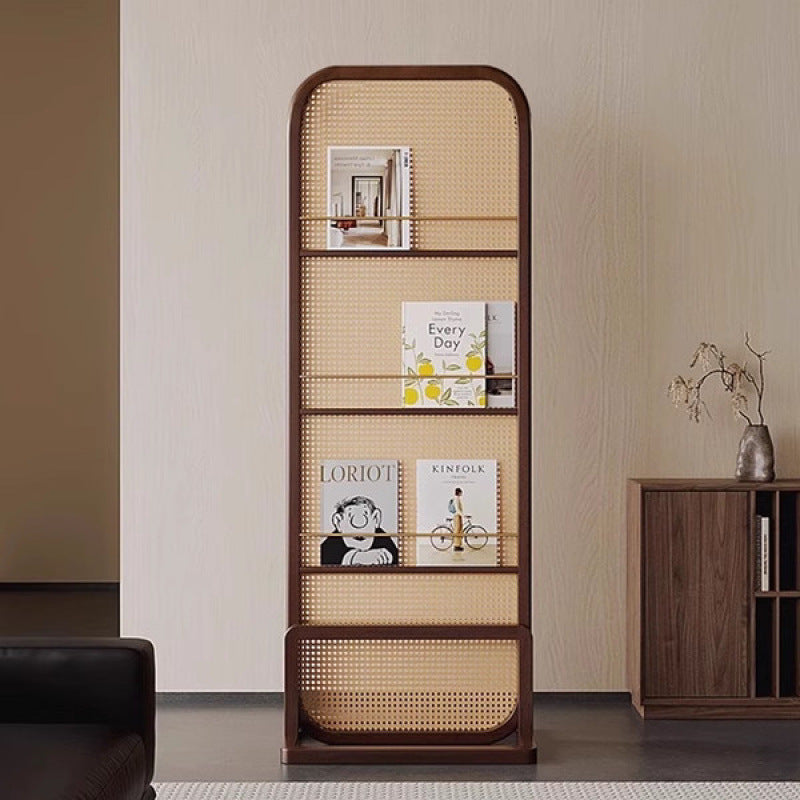 Traditional Chinese-Style Rubberwood Solid Wood Room Divider with PE Rattan Accents and 3-Tier Storage Shelf for Living Room