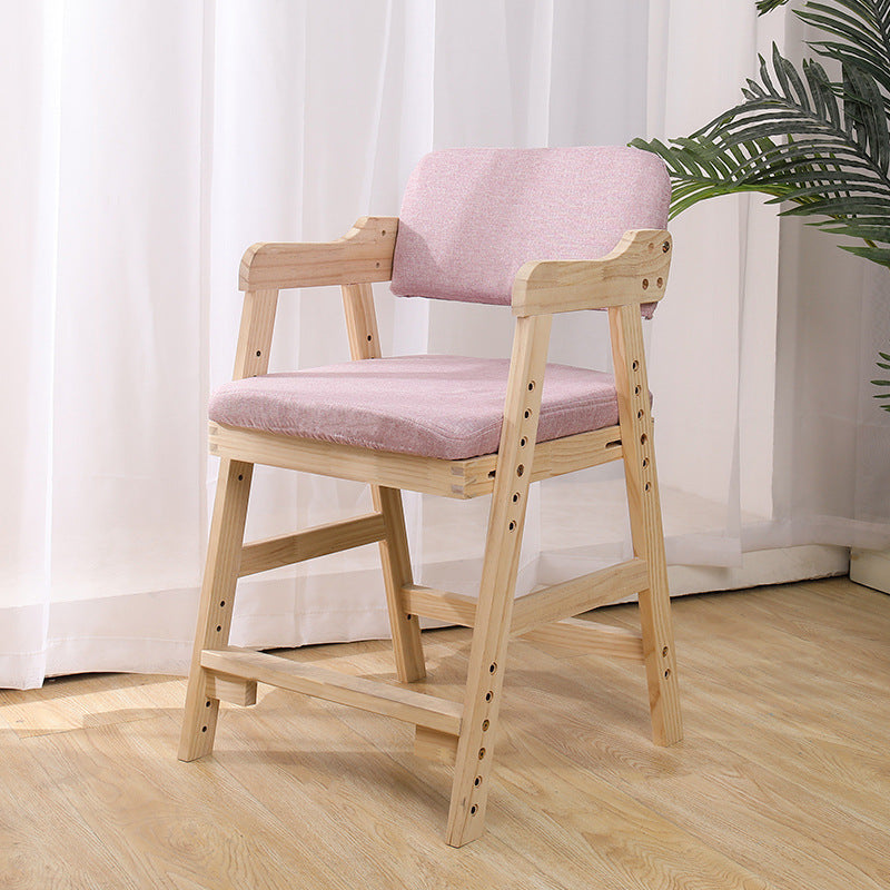 Modern Minimalist Adjustable Kids Chair in Solid Pine Wood with Cotton-Linen Upholstery and Foam Cushion for Bedroom