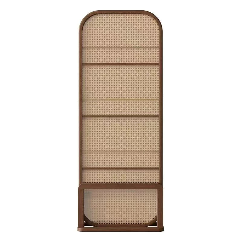 Traditional Chinese-Style Rubberwood Solid Wood Room Divider with PE Rattan Accents and 3-Tier Storage Shelf for Living Room