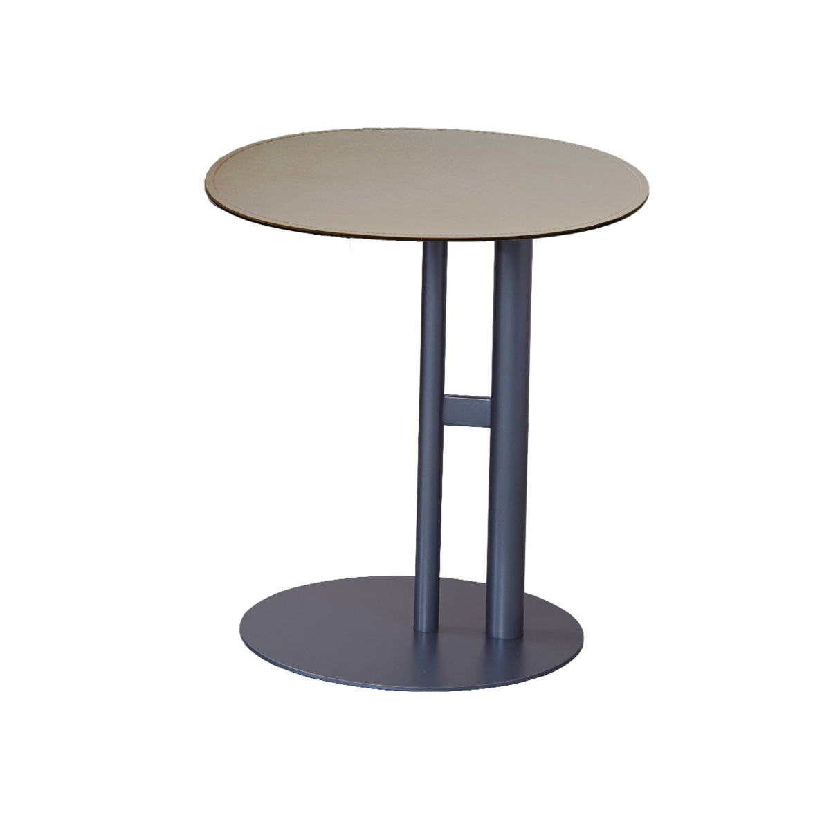 Round Two-Tone Faux Saddle Leather End Table with Metal Base – Minimalist, Compact Side Table for Living Room
