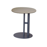 Round Two-Tone Faux Saddle Leather End Table with Metal Base – Minimalist, Compact Side Table for Living Room