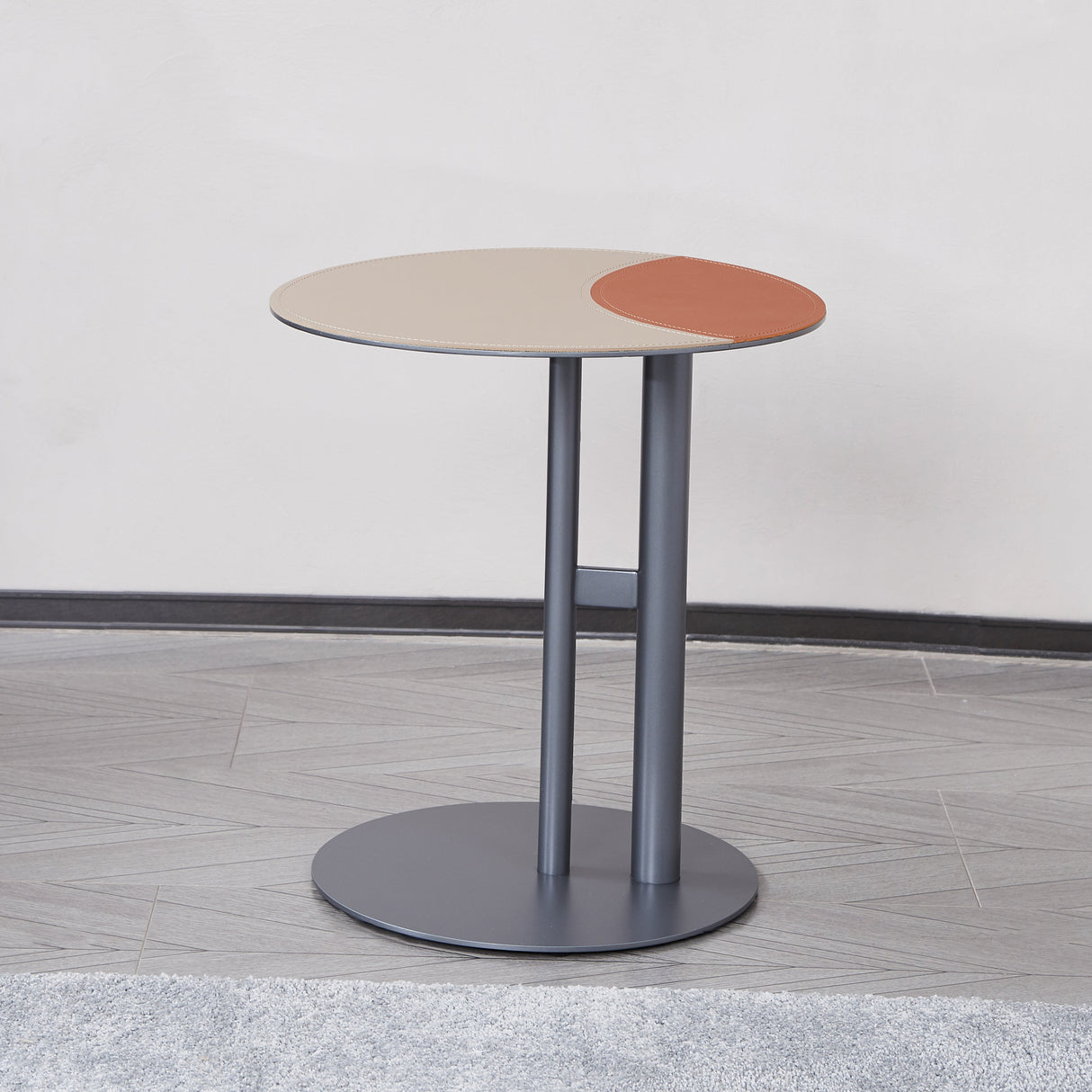 Round Two-Tone Faux Saddle Leather End Table with Metal Base – Minimalist, Compact Side Table for Living Room