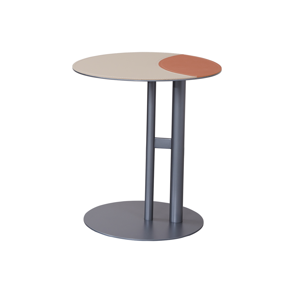 Round Two-Tone Faux Saddle Leather End Table with Metal Base – Minimalist, Compact Side Table for Living Room