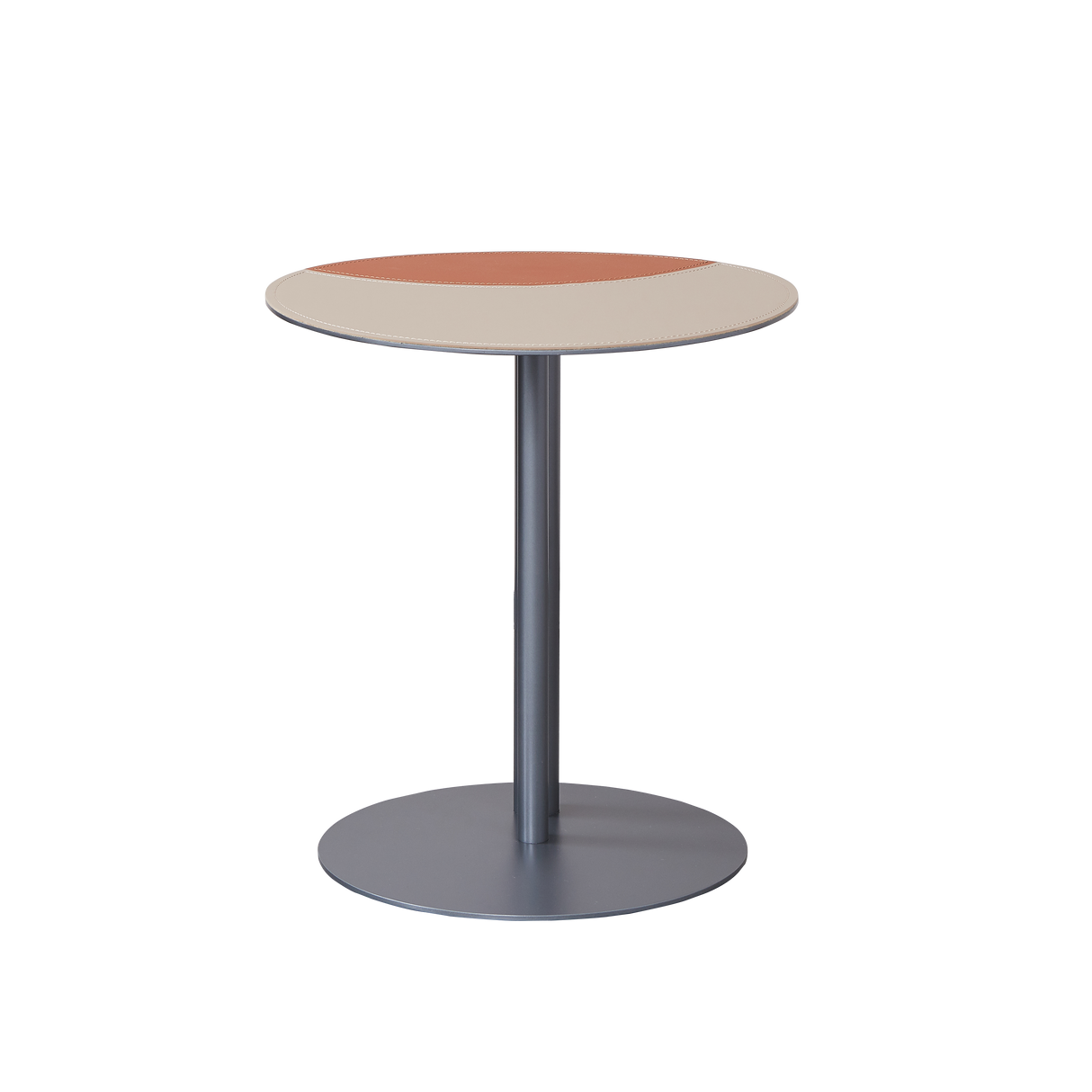 Round Two-Tone Faux Saddle Leather End Table with Metal Base – Minimalist, Compact Side Table for Living Room