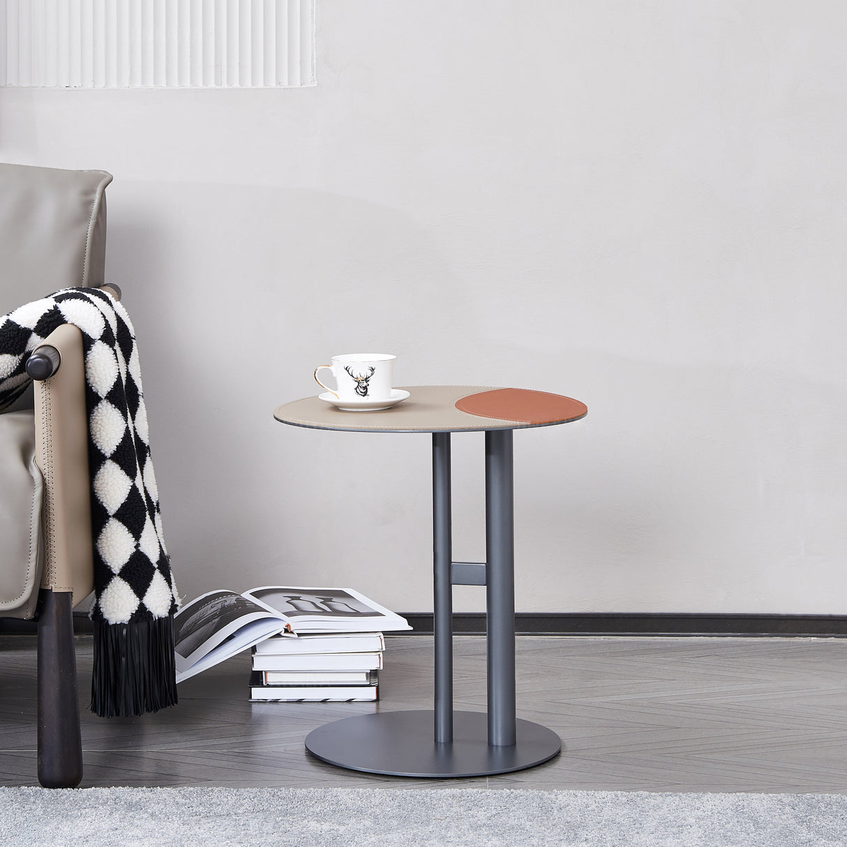 Round Two-Tone Faux Saddle Leather End Table with Metal Base – Minimalist, Compact Side Table for Living Room