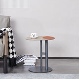 Round Two-Tone Faux Saddle Leather End Table with Metal Base – Minimalist, Compact Side Table for Living Room