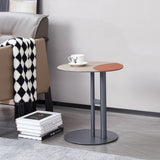 Round Two-Tone Faux Saddle Leather End Table with Metal Base – Minimalist, Compact Side Table for Living Room