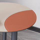 Round Two-Tone Faux Saddle Leather End Table with Metal Base – Minimalist, Compact Side Table for Living Room