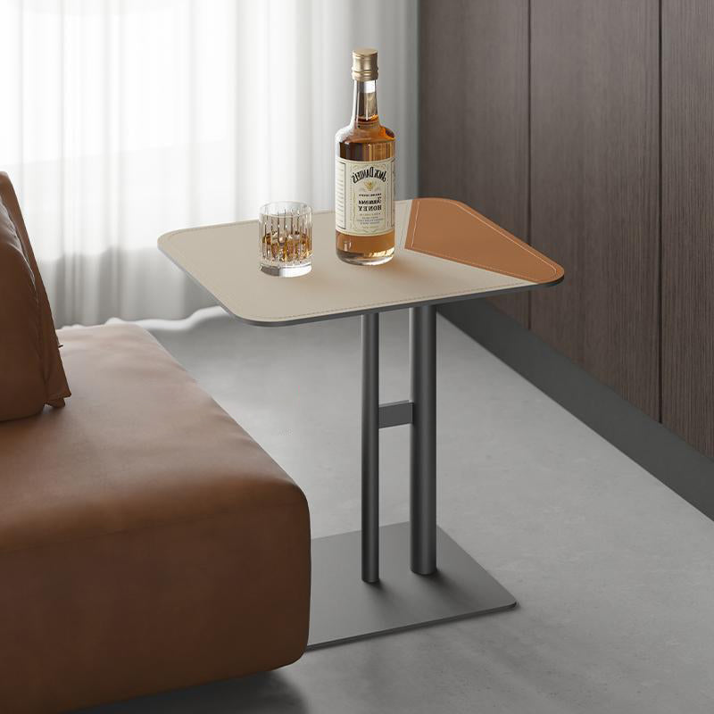 Modern Dual-Tone Faux Saddle Leather Square End Table with Asymmetrical Patchwork – Minimalist Corner Table for Living Room