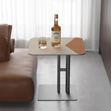 Modern Dual-Tone Faux Saddle Leather Square End Table with Asymmetrical Patchwork – Minimalist Corner Table for Living Room