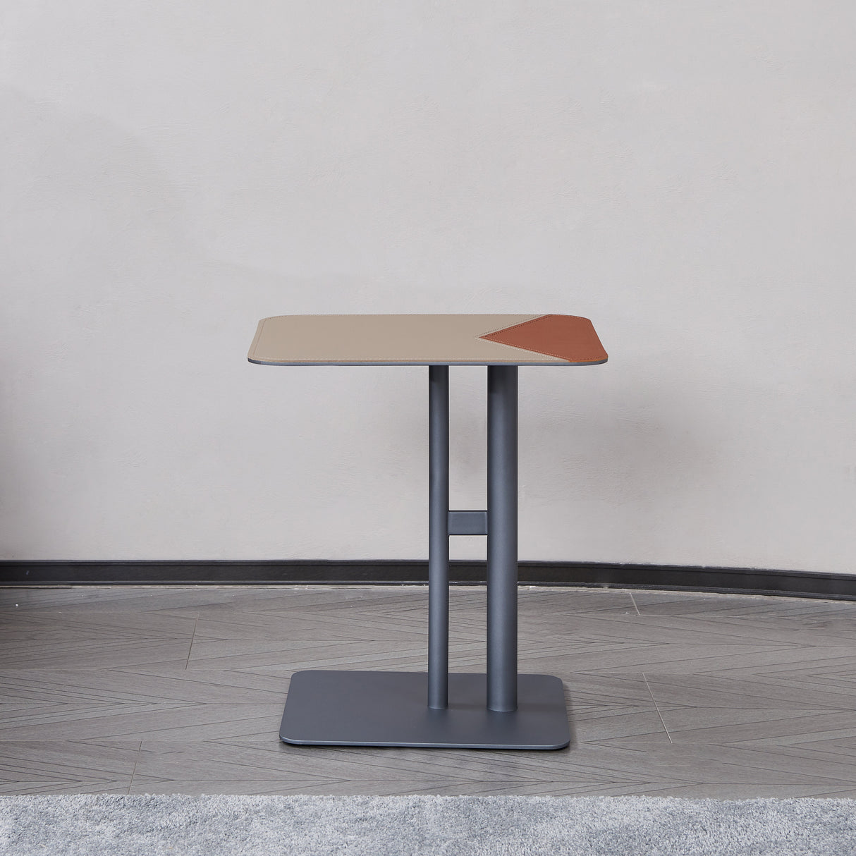 Modern Dual-Tone Faux Saddle Leather Square End Table with Asymmetrical Patchwork – Minimalist Corner Table for Living Room