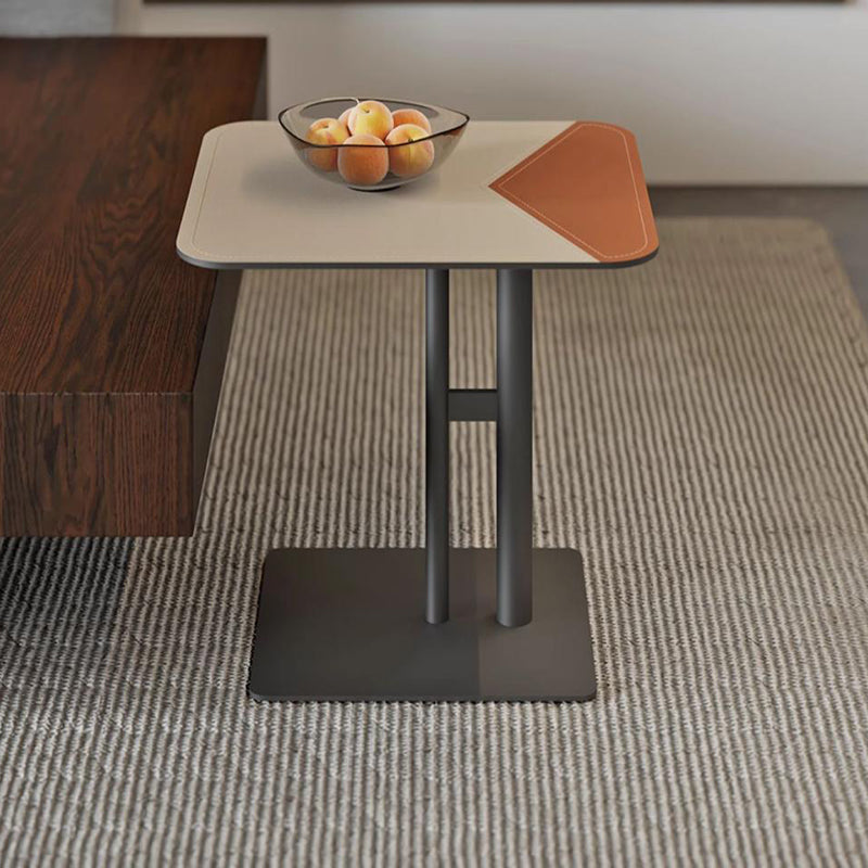 Modern Dual-Tone Faux Saddle Leather Square End Table with Asymmetrical Patchwork – Minimalist Corner Table for Living Room