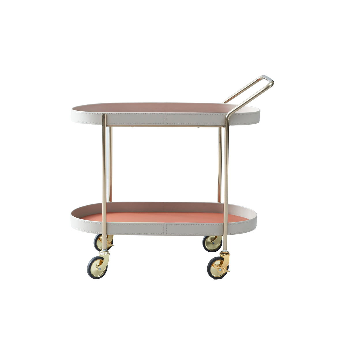 Portable Oval Faux Saddle Leather Side Table with a Gold Stainless Steel Frame — Innovative Rolling Dual-Tier Drink Trolley for the Dining Room