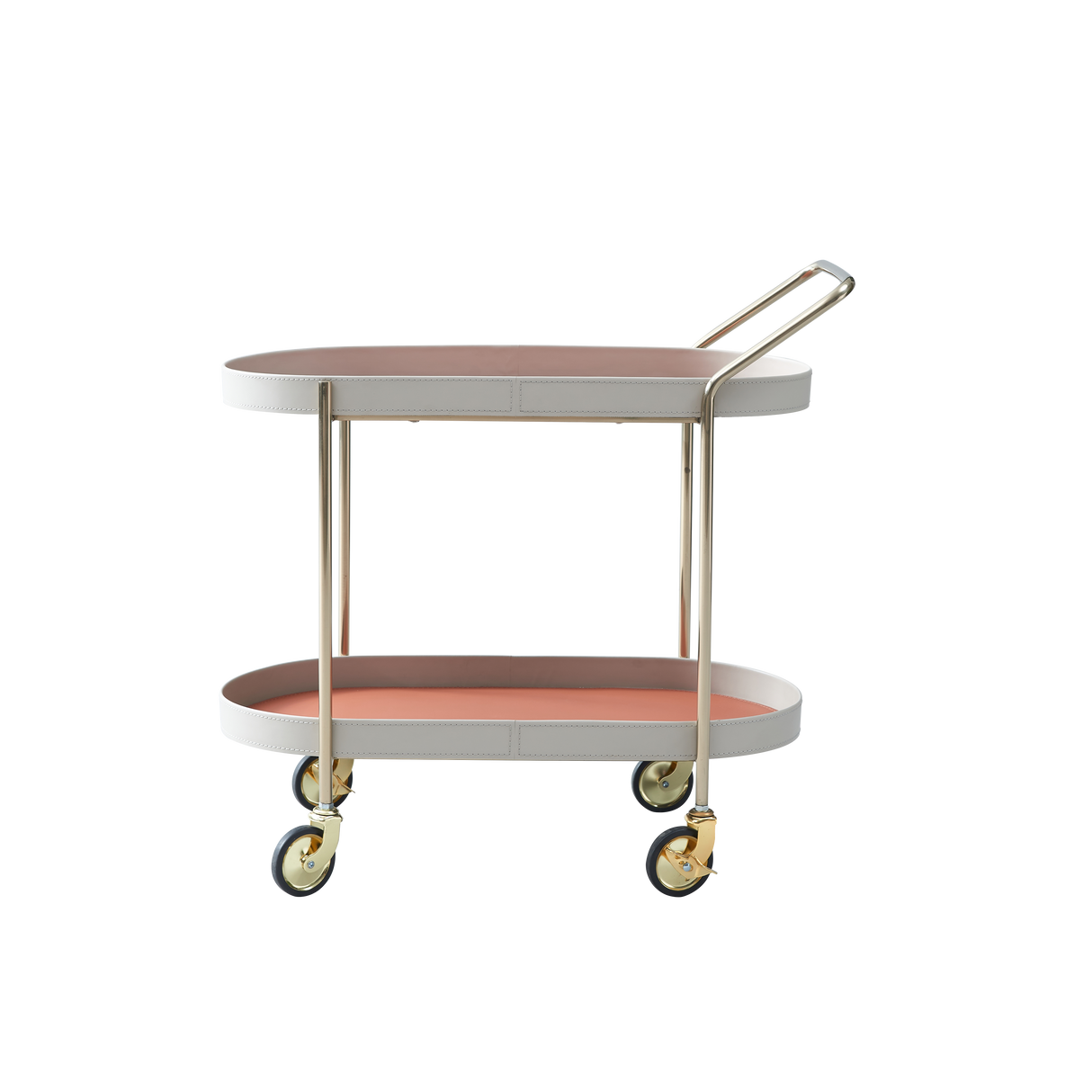 Portable Oval Faux Saddle Leather Side Table with a Gold Stainless Steel Frame — Innovative Rolling Dual-Tier Drink Trolley for the Dining Room