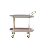 Portable Oval Faux Saddle Leather Side Table with a Gold Stainless Steel Frame — Innovative Rolling Dual-Tier Drink Trolley for the Dining Room